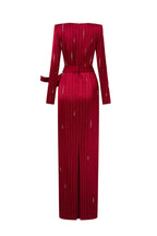 MARISOL RED METALLIC BELTED TRAIN COLUMN GOWN