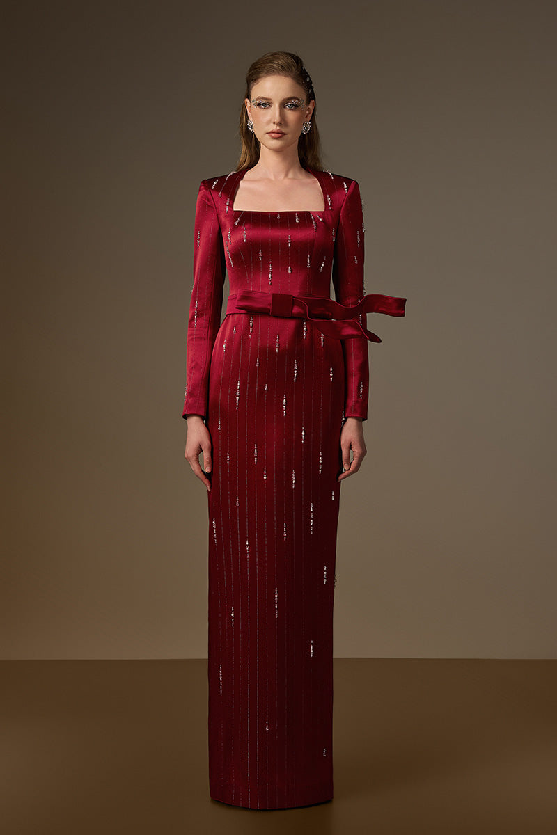 MARISOL RED METALLIC BELTED TRAIN COLUMN GOWN