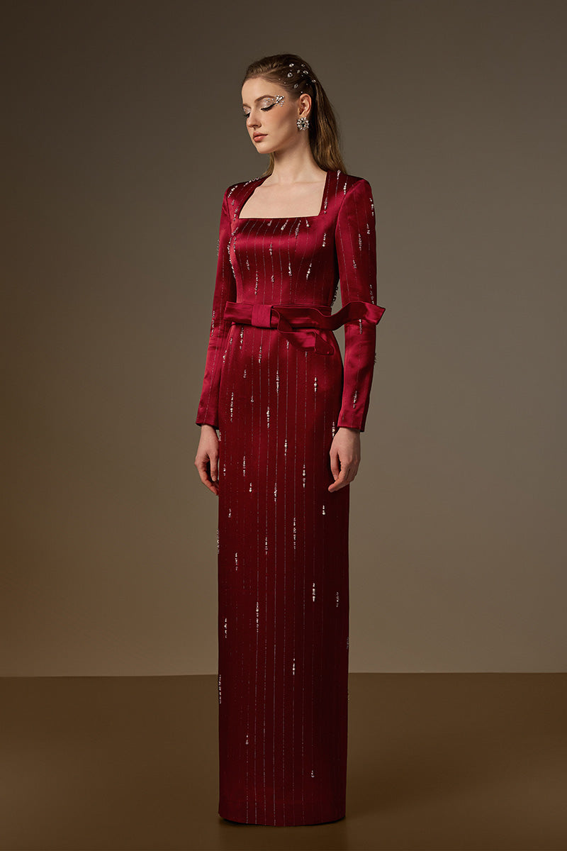 MARISOL RED METALLIC BELTED TRAIN COLUMN GOWN