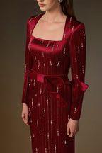 MARISOL RED METALLIC BELTED TRAIN COLUMN GOWN