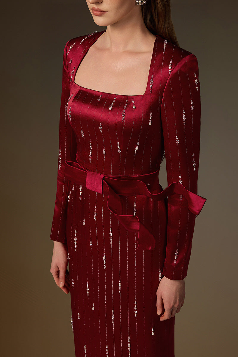 MARISOL RED METALLIC BELTED TRAIN COLUMN GOWN