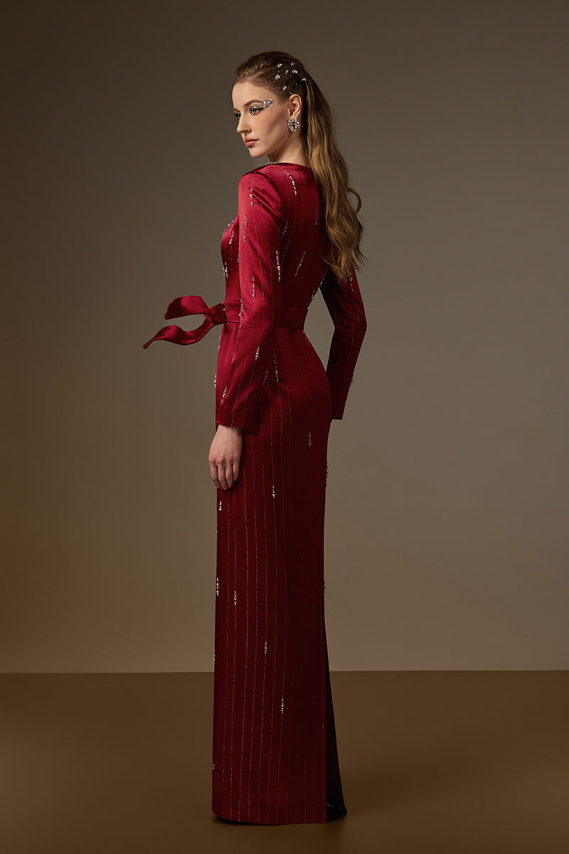 MARISOL RED METALLIC BELTED TRAIN COLUMN GOWN