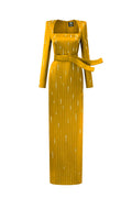MARISOL YELLOW METALLIC BELTED TRAIN COLUMN GOWN