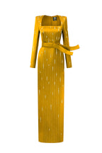 MARISOL YELLOW METALLIC BELTED TRAIN COLUMN GOWN