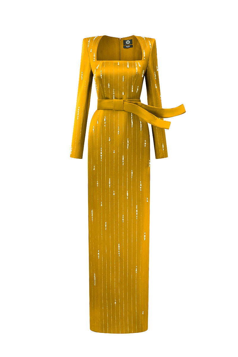 MARISOL YELLOW METALLIC BELTED TRAIN COLUMN GOWN