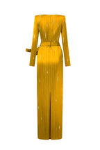 MARISOL YELLOW METALLIC BELTED TRAIN COLUMN GOWN