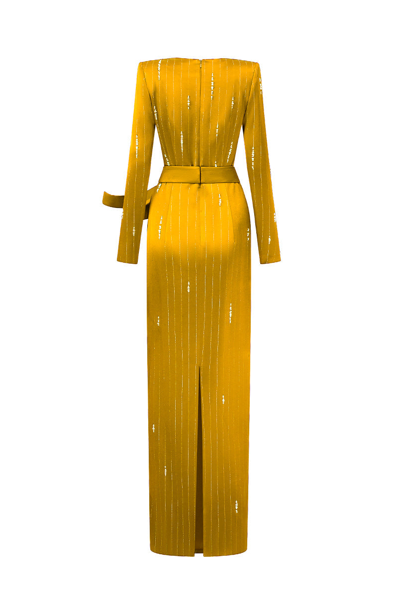 MARISOL YELLOW METALLIC BELTED TRAIN COLUMN GOWN