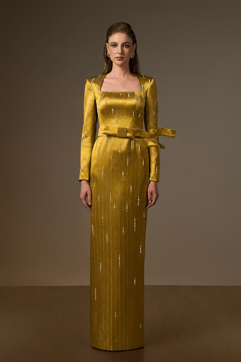 MARISOL YELLOW METALLIC BELTED TRAIN COLUMN GOWN
