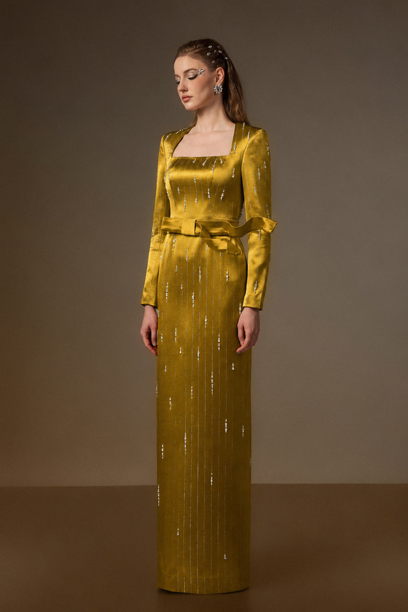 MARISOL YELLOW METALLIC BELTED TRAIN COLUMN GOWN