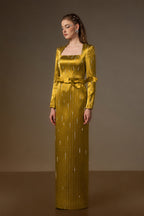 MARISOL YELLOW METALLIC BELTED TRAIN COLUMN GOWN
