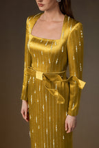 MARISOL YELLOW METALLIC BELTED TRAIN COLUMN GOWN