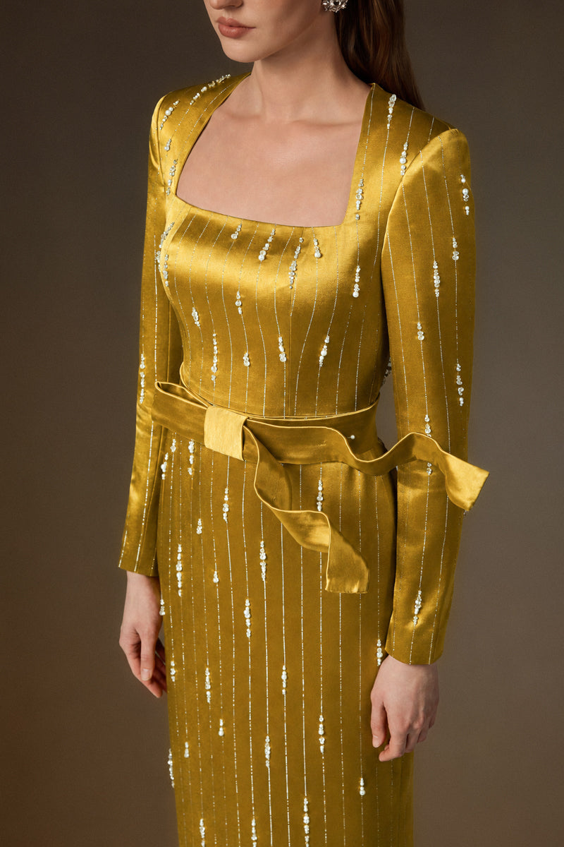 MARISOL YELLOW METALLIC BELTED TRAIN COLUMN GOWN
