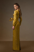 MARISOL YELLOW METALLIC BELTED TRAIN COLUMN GOWN