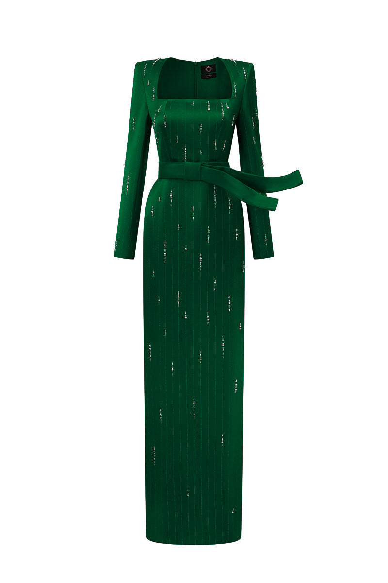 MARISOL DARK GREEN METALLIC BELTED TRAIN COLUMN GOWN