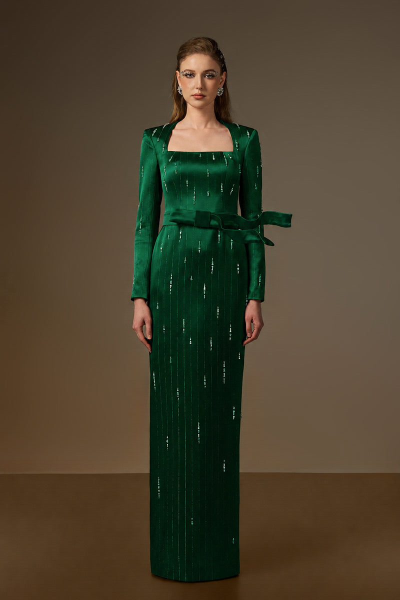 MARISOL DARK GREEN METALLIC BELTED TRAIN COLUMN GOWN