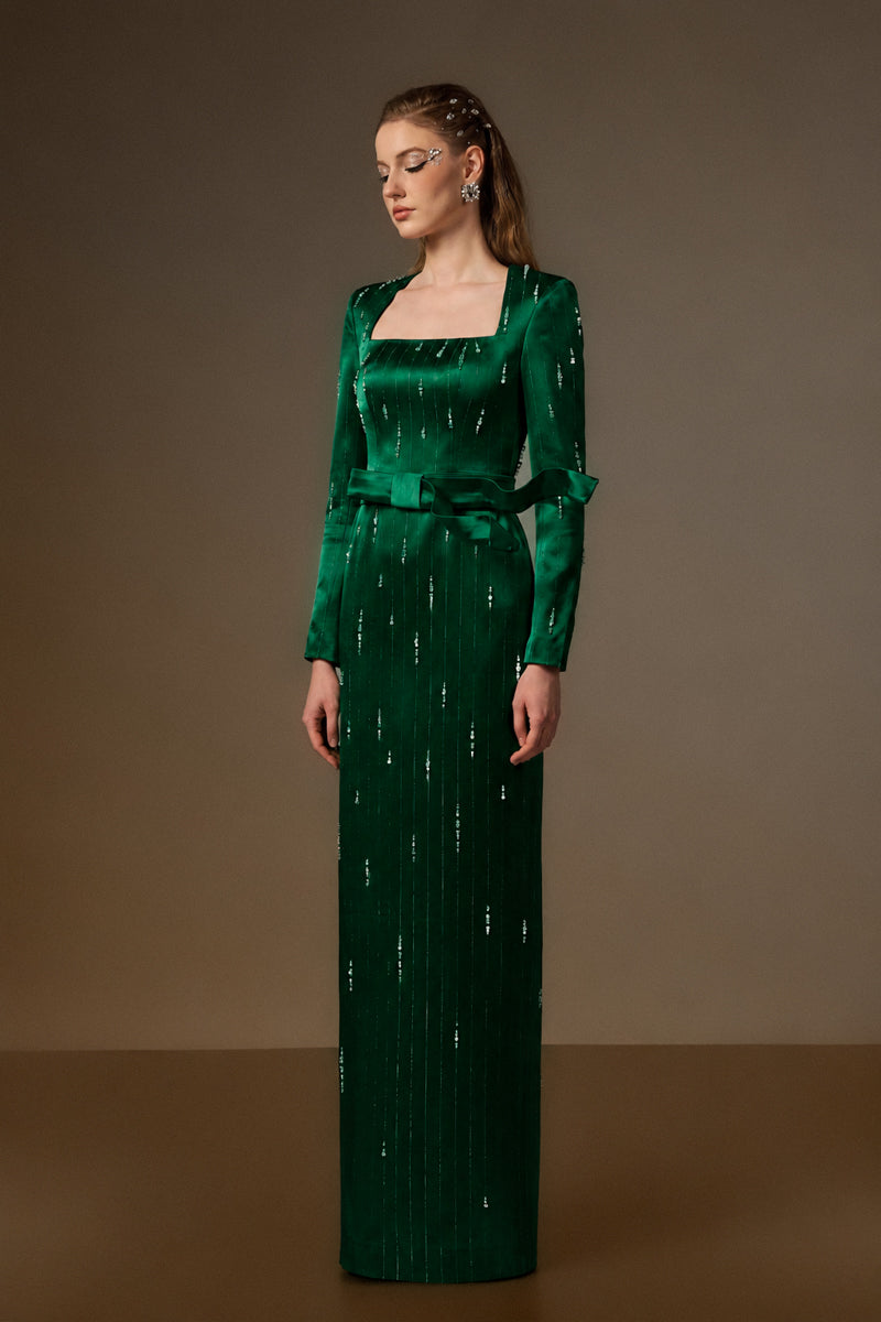 MARISOL DARK GREEN METALLIC BELTED TRAIN COLUMN GOWN