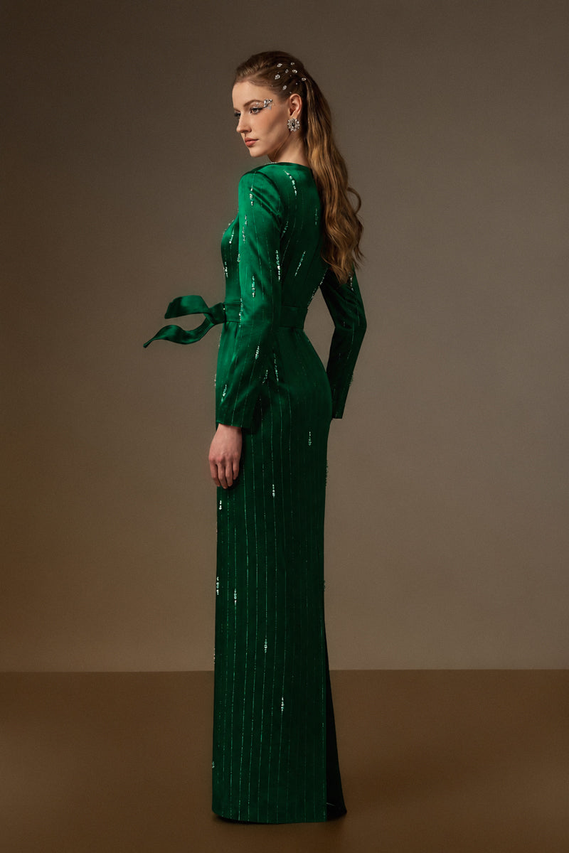 MARISOL DARK GREEN METALLIC BELTED TRAIN COLUMN GOWN