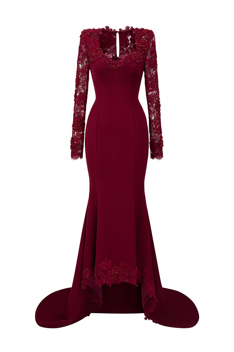 MARGAUX BURGUNDY TRAPEZE NECK LACE MERMAID GOWN