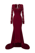 MARGAUX BURGUNDY TRAPEZE NECK LACE MERMAID GOWN