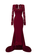 MARGAUX BURGUNDY TRAPEZE NECK LACE MERMAID GOWN