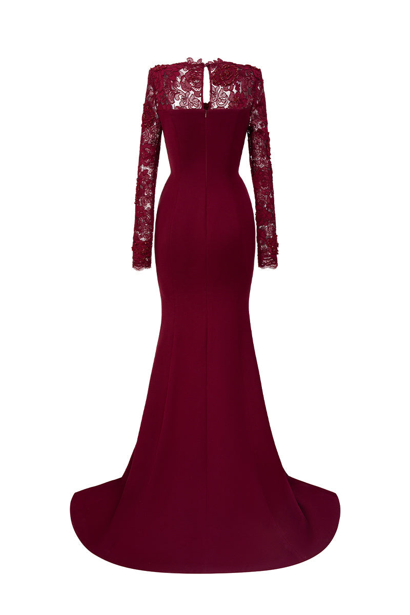 MARGAUX BURGUNDY TRAPEZE NECK LACE MERMAID GOWN