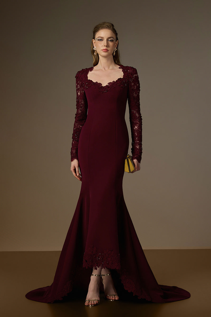 MARGAUX BURGUNDY TRAPEZE NECK LACE MERMAID GOWN