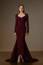 MARGAUX BURGUNDY TRAPEZE NECK LACE MERMAID GOWN