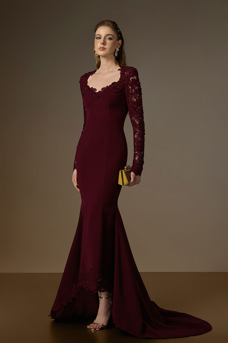 MARGAUX BURGUNDY TRAPEZE NECK LACE MERMAID GOWN