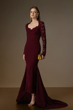 MARGAUX BURGUNDY TRAPEZE NECK LACE MERMAID GOWN