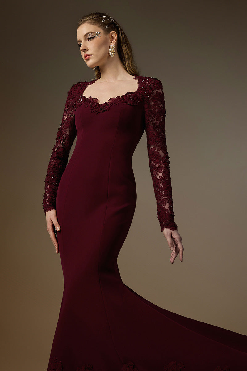 MARGAUX BURGUNDY TRAPEZE NECK LACE MERMAID GOWN