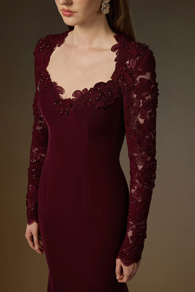 MARGAUX BURGUNDY TRAPEZE NECK LACE MERMAID GOWN