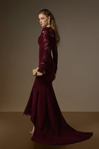 MARGAUX BURGUNDY TRAPEZE NECK LACE MERMAID GOWN