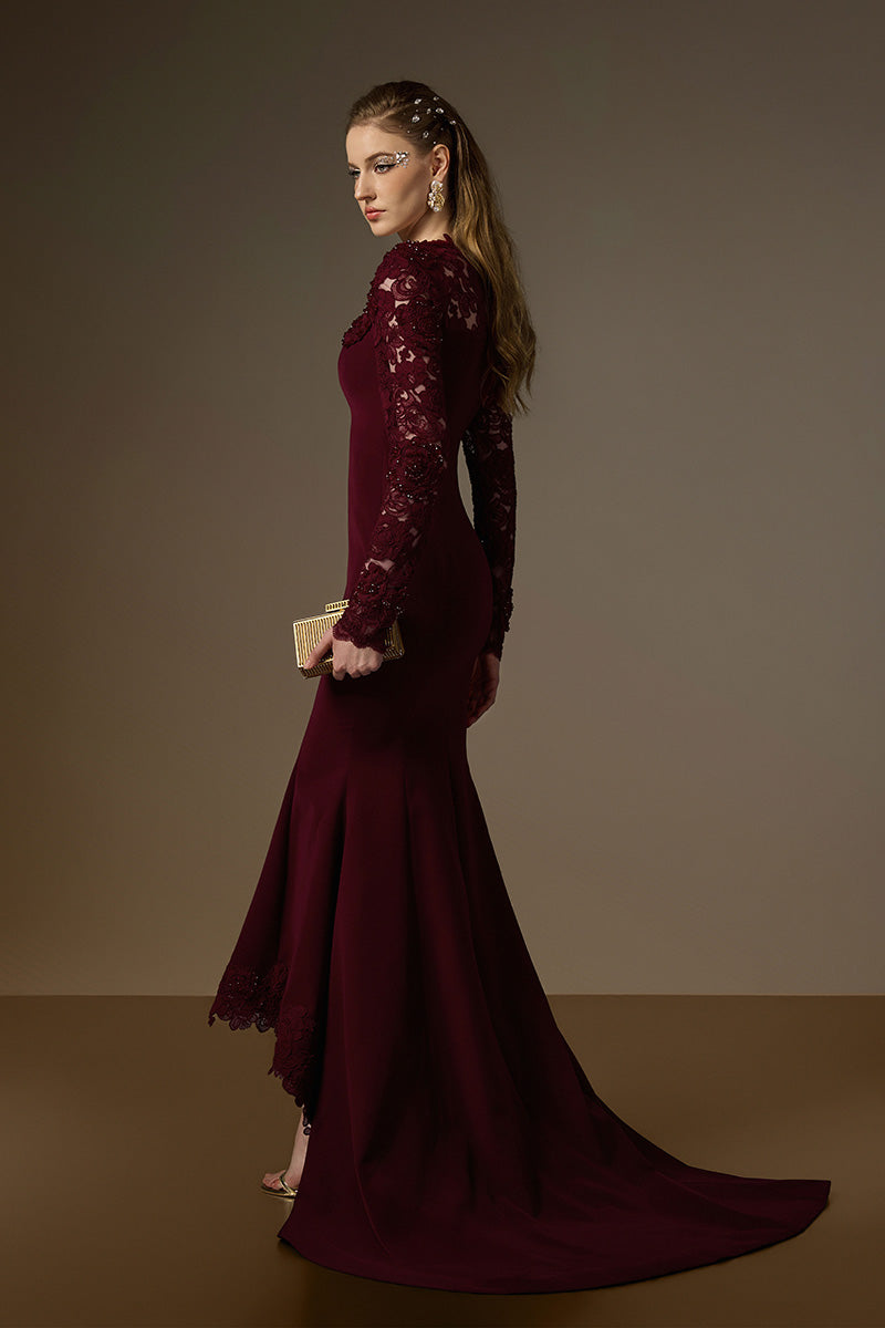 MARGAUX BURGUNDY TRAPEZE NECK LACE MERMAID GOWN