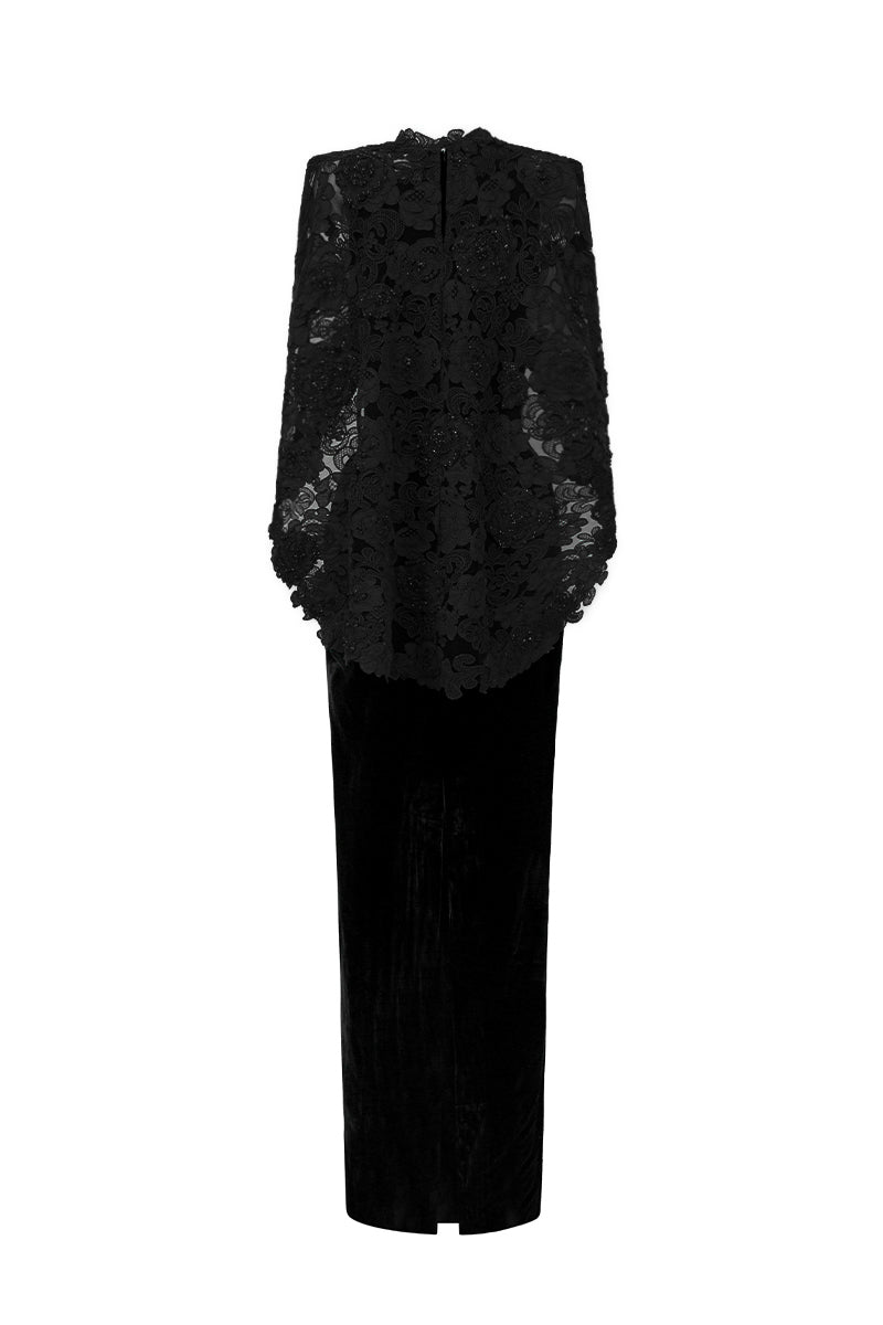 OCTAVIA BLACK V-NECK CAPED COLUMN GOWN