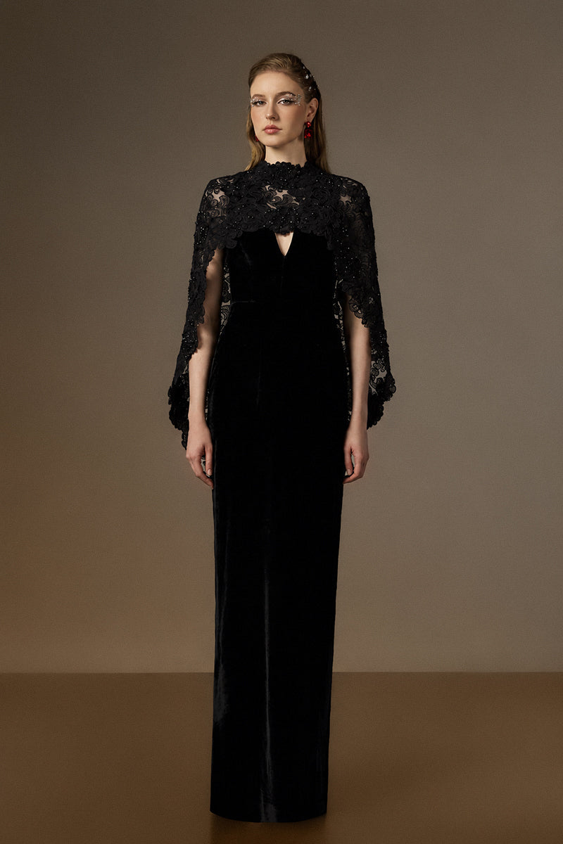 OCTAVIA BLACK V-NECK CAPED COLUMN GOWN