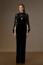 OCTAVIA BLACK V-NECK CAPED COLUMN GOWN