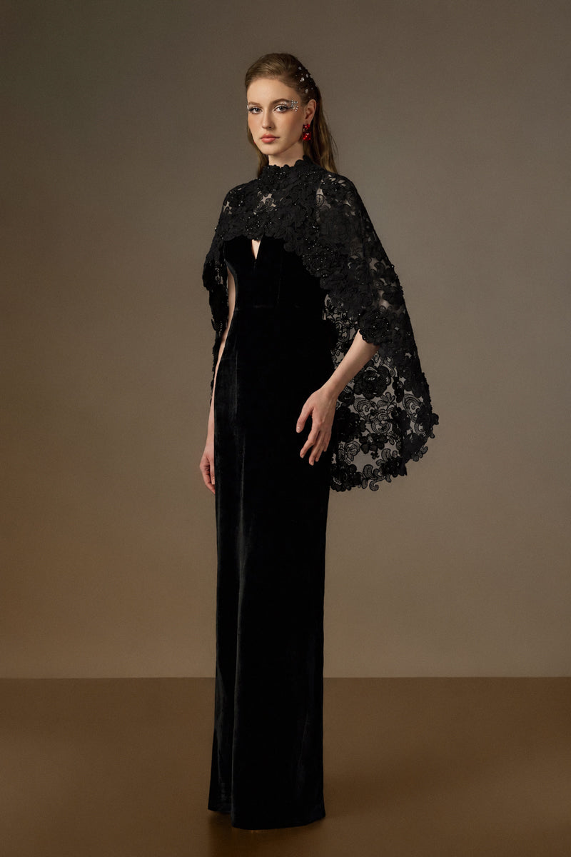 OCTAVIA BLACK V-NECK CAPED COLUMN GOWN