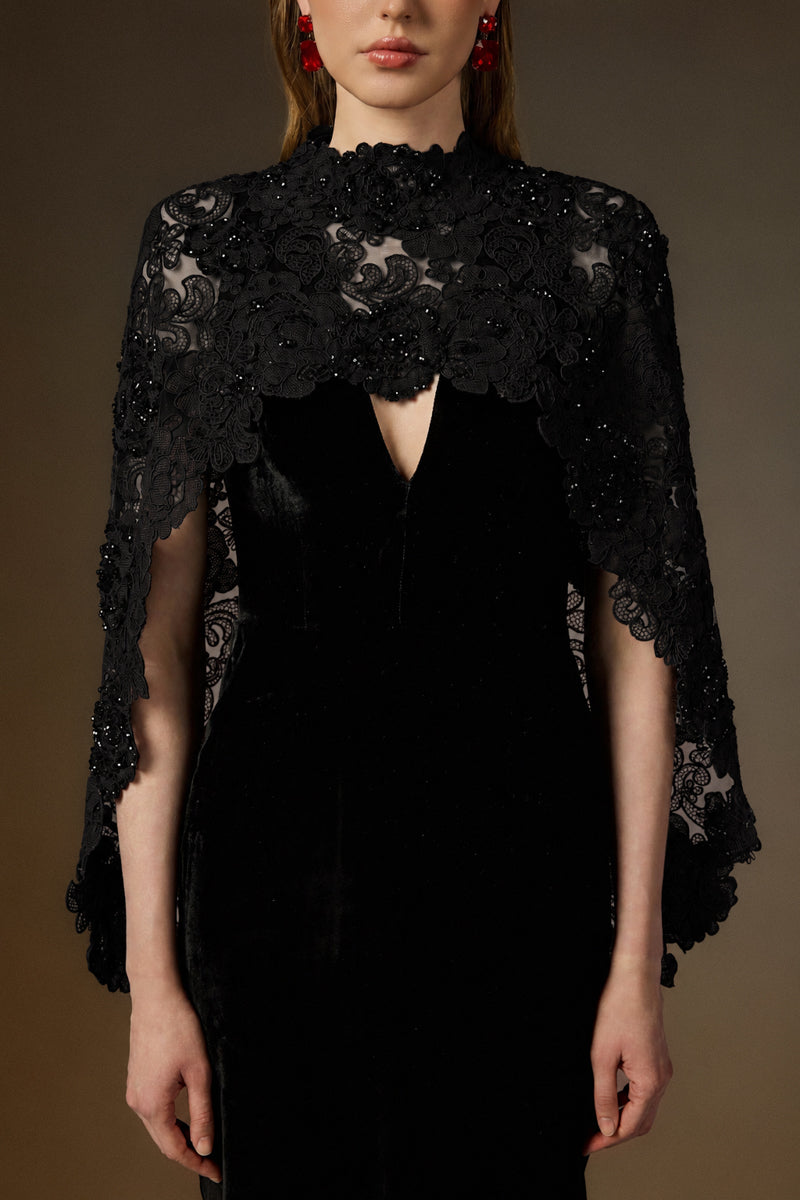 OCTAVIA BLACK V-NECK CAPED COLUMN GOWN