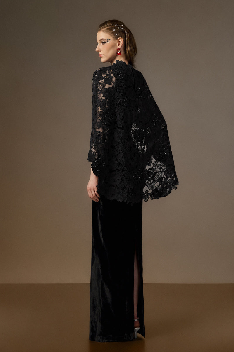 OCTAVIA BLACK V-NECK CAPED COLUMN GOWN