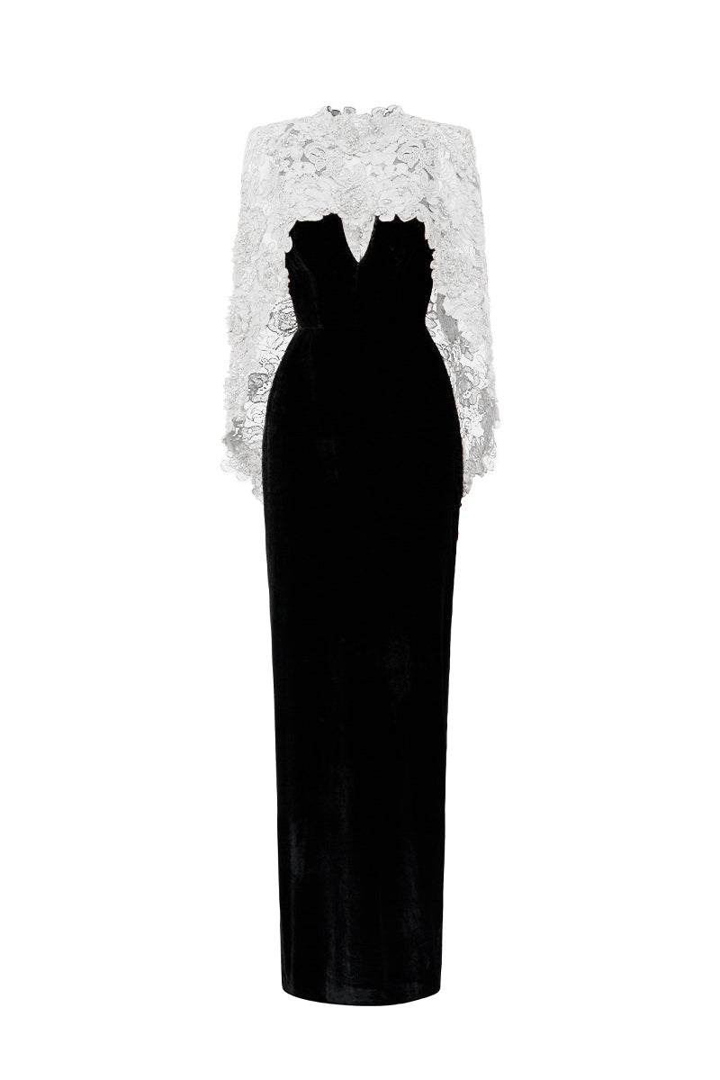 OCTAVIA BLACK AND WHITE V-NECK CAPED COLUMN GOWN