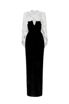 OCTAVIA BLACK AND WHITE V-NECK CAPED COLUMN GOWN