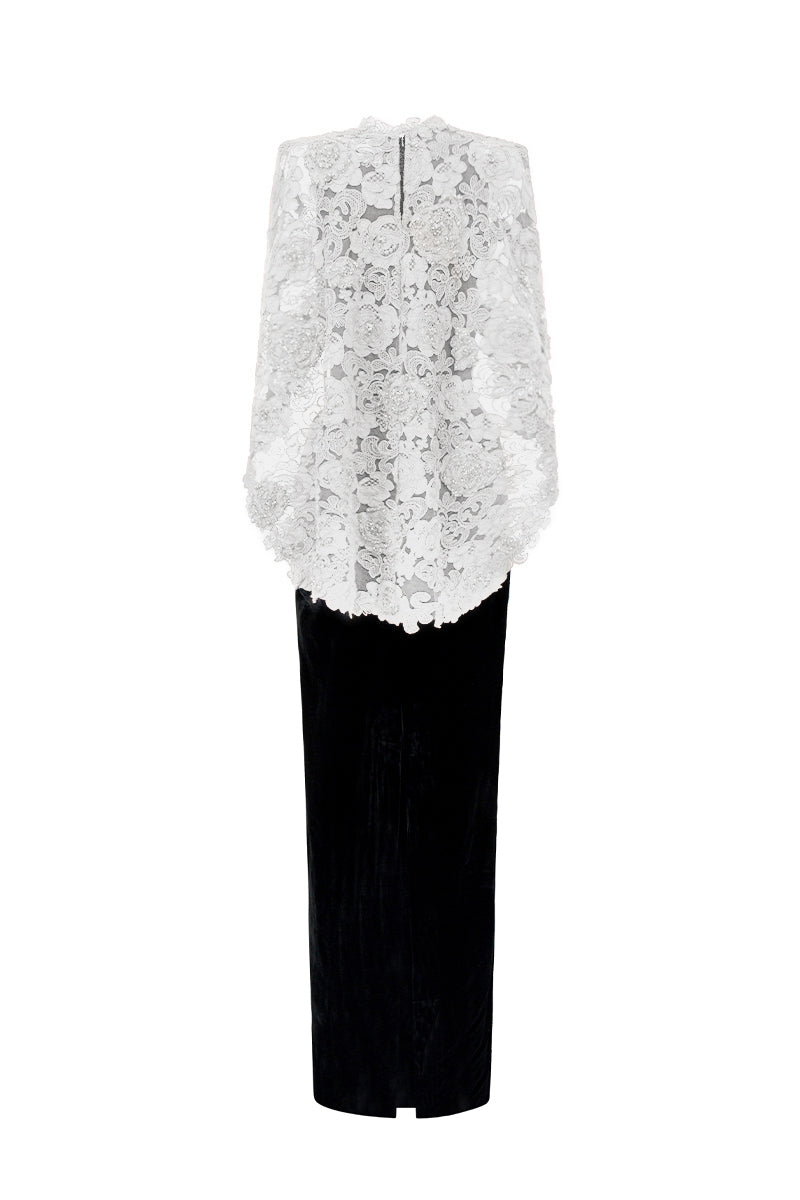 OCTAVIA BLACK AND WHITE V-NECK CAPED COLUMN GOWN