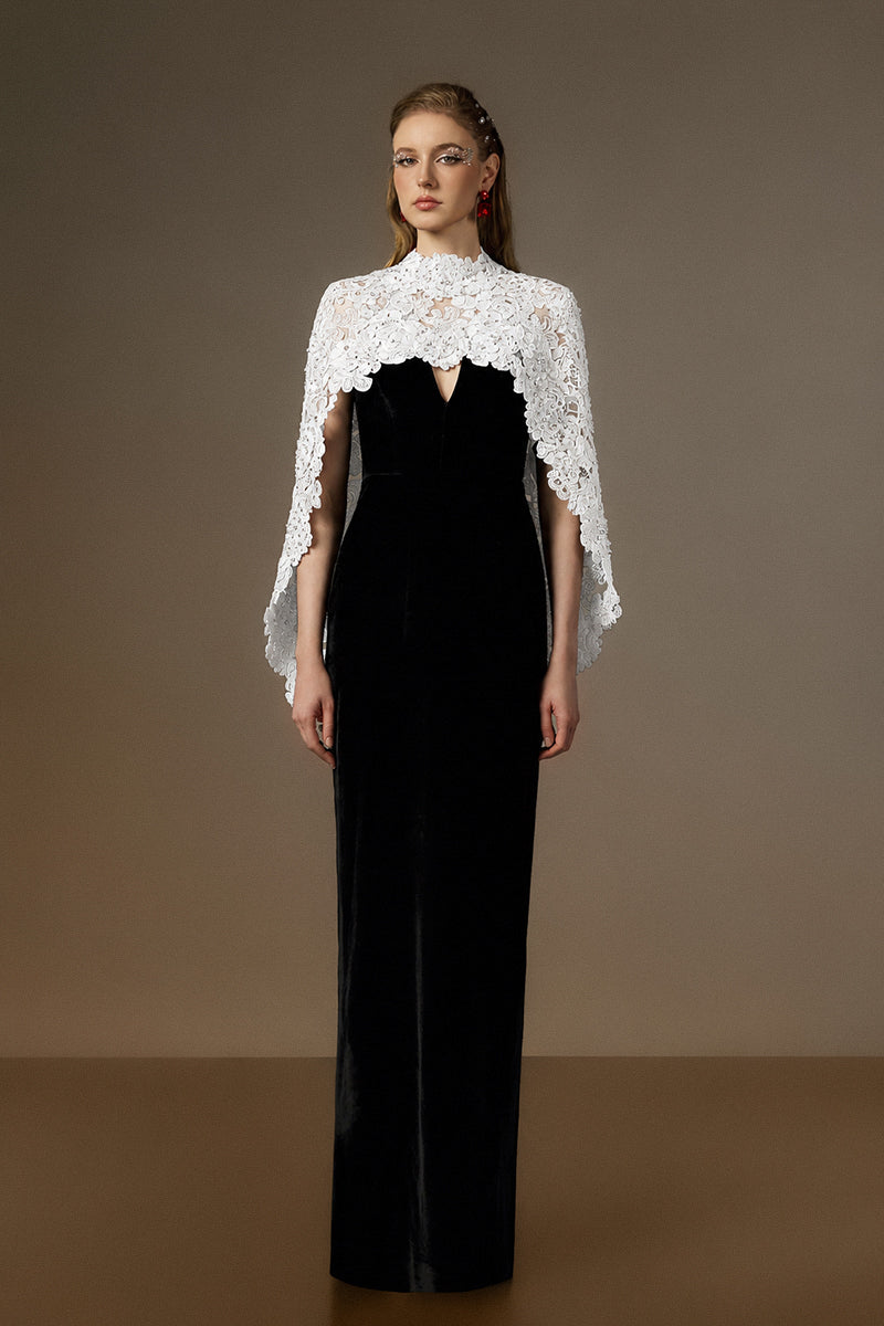 OCTAVIA BLACK AND WHITE V-NECK CAPED COLUMN GOWN