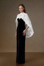 OCTAVIA BLACK AND WHITE V-NECK CAPED COLUMN GOWN