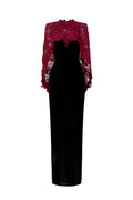 OCTAVIA BLACK AND BURGUNDY V-NECK CAPED COLUMN GOWN