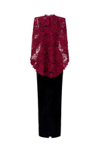 OCTAVIA BLACK AND BURGUNDY V-NECK CAPED COLUMN GOWN