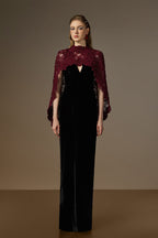 OCTAVIA BLACK AND BURGUNDY V-NECK CAPED COLUMN GOWN