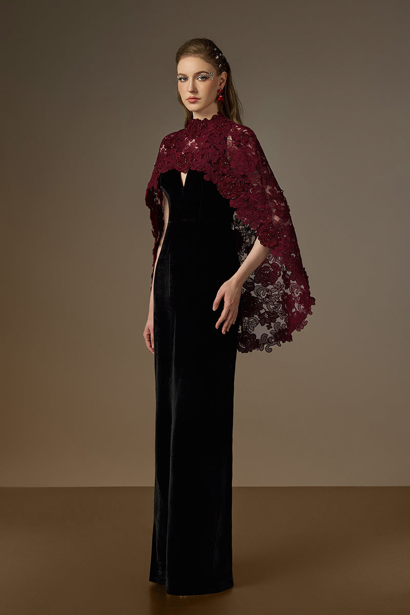 OCTAVIA BLACK AND BURGUNDY V-NECK CAPED COLUMN GOWN