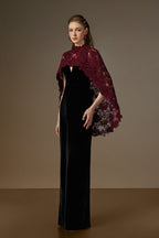 OCTAVIA BLACK AND BURGUNDY V-NECK CAPED COLUMN GOWN