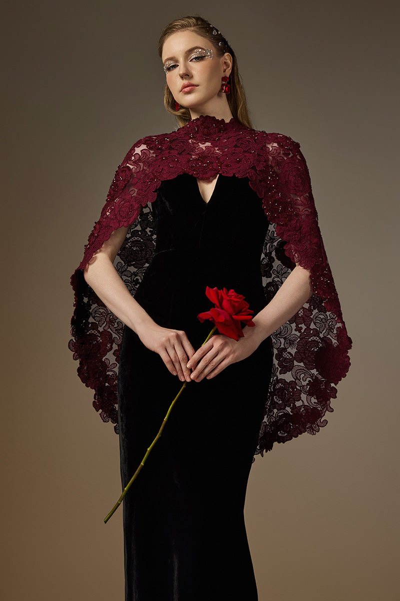 OCTAVIA BLACK AND BURGUNDY V-NECK CAPED COLUMN GOWN
